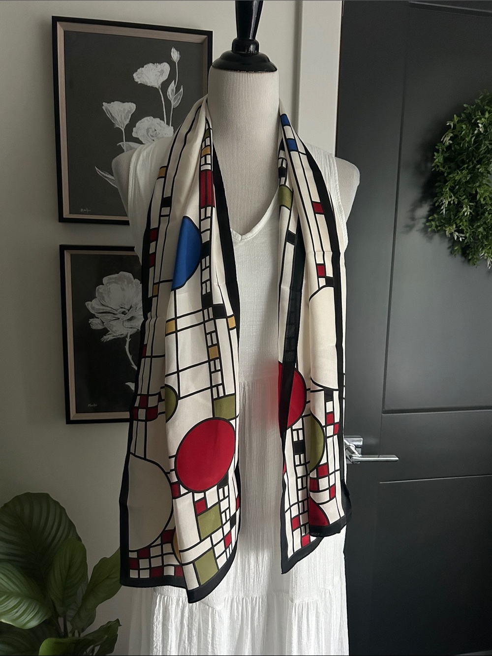 Decorative Geometric Pattern skinny Scarf ivory Red, Blue, Olive Accents